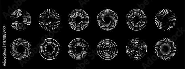 Fototapeta Abstract line circular round spiral shapes. Vector dynamic curves with dotted and striped rotation patterns on black. Geometric radial futuristic elements create illusion of movement and speed swirl