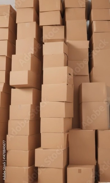 Fototapeta Neat stack of brown cardboard boxes on white background  , shipping, white