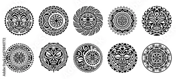 Fototapeta Tribal Maori tattoo. Vector set of circular indigenous circular bodyarts with traditional Polynesian patterns and ethnic facial motifs as ornamental suns, warrior faces, and abstract geometric shapes