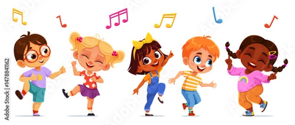 Fototapeta Kids dancing and jumping at party. Group of happy cartoon children having fun and enjoying music together. Vector scene with boys and girls in laughing, moving and celebrating with music notes around