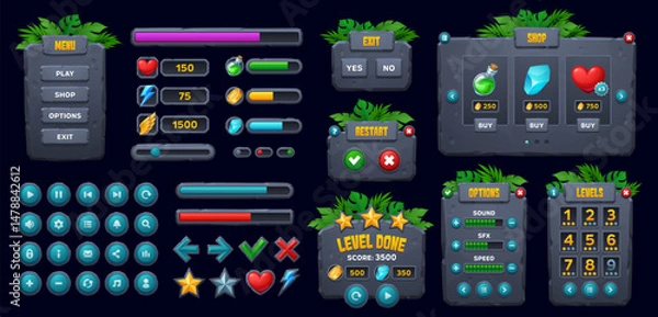 Fototapeta Game UI, jungle forest stone interface buttons and frames with rock boards and panels, vector GUI. Jungle forest arcade game interface icons, loading bars and stone menu controls with level options