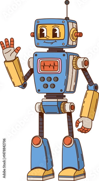 Fototapeta Cartoon retro groovy robot or droid character and robotic transformer, vector personage. Groovy robot with funny face display and Hi or Hello hand gesture for comic retro roid or futuristic cyborg