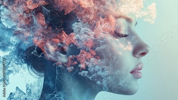 Fototapeta Serene profile overlaid with abstract cloudscape symbolizing introspection