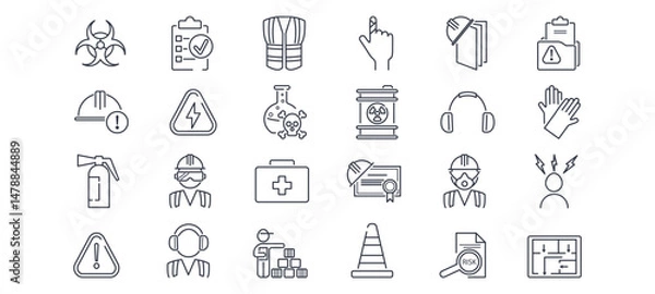 Fototapeta Icon showing safety, fire risk, and hazard management. Depicts accident equipment and workplace emergency protection. Linear vector for industrial use.