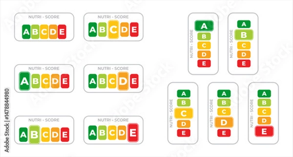 Fototapeta Nutrition score labels for food and drink. Designed for packaging or educational purposes. Vector illustration isolated on transparent background.