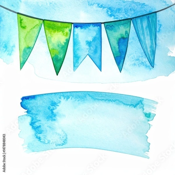Fototapeta A vibrant collection of watercolor banners adorned with colorful bunting flags, featuring soft brush strokes and a whimsical, festive atmosphere.
