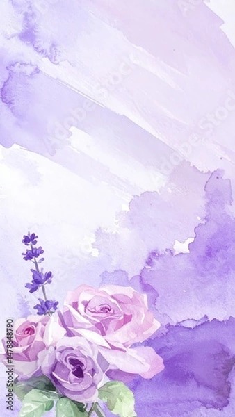 Fototapeta A vibrant arrangement of delicate watercolor roses in various shades of pink and red, beautifully contrasted against a rich purple background, creating a dreamy effect.