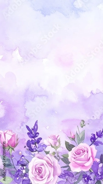 Fototapeta A delicate watercolor background featuring an array of blooming roses in soft shades of purple and pink, creating a romantic and serene atmosphere.