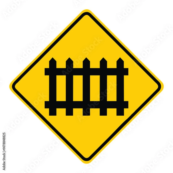 Fototapeta Railroad crossing ahead, rail boom gate ahead, yellow square warning sign with fence symbol, vector illustration.