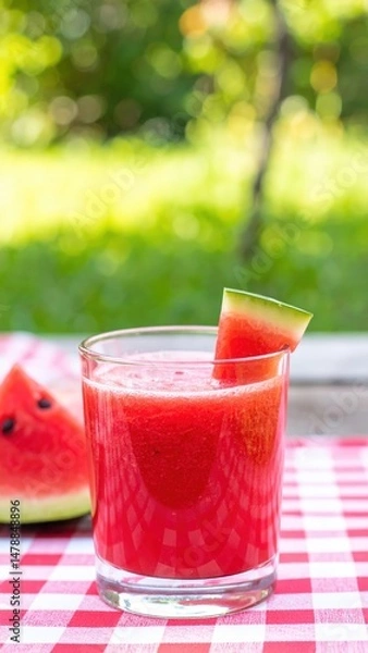Fototapeta A refreshing glass of vibrant watermelon juice sits on a rustic wooden table, accompanied by juicy slices of ripe watermelon, showcasing their bright pink flesh and green rind.