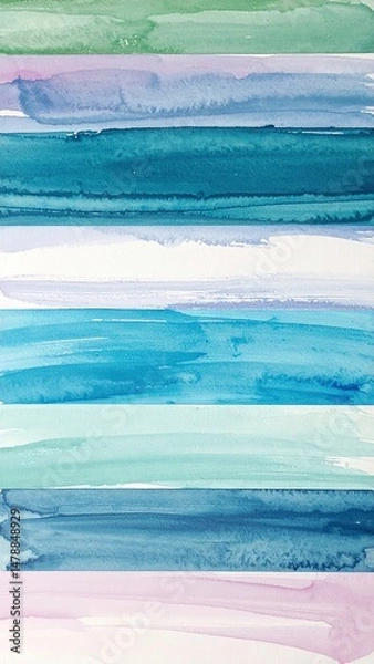 Fototapeta A vibrant watercolor painting featuring soft, flowing stripes in shades of blue, green, and pink, blending harmoniously to create a soothing, artistic effect.