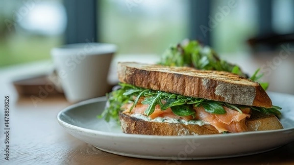 Fototapeta Delicious open-faced salmon sandwich on a plate.