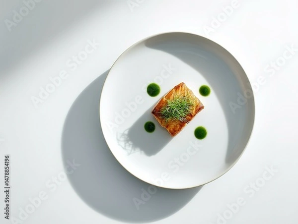 Fototapeta Aromatic pan-seared fish dish with delicate garnish.