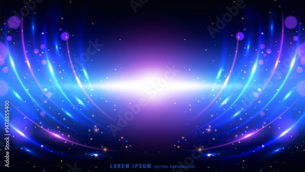 Obraz Abstract background with flowing arcs of glowing blue and violet light trails, bokeh effects
