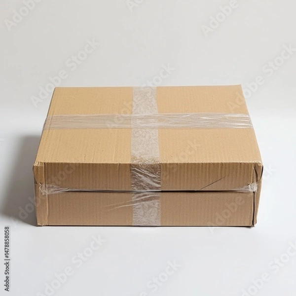 Fototapeta A sturdy cardboard box, likely for shipping, secured with transparent tape