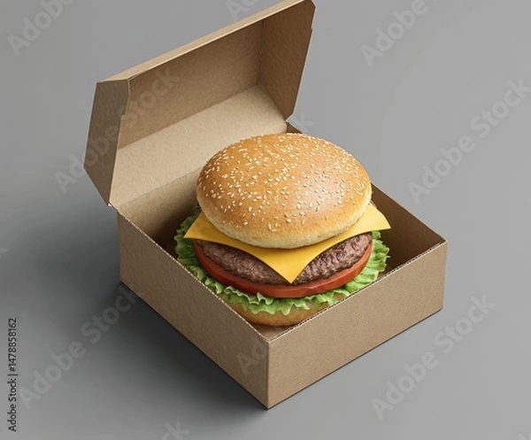 Fototapeta A delicious burger in a cardboard box.  The burger features a sesame seed bun, beef patty, cheese, lettuce, and tomato