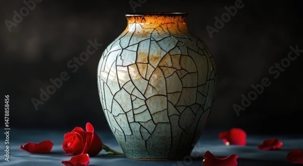 Fototapeta Elegant, crackled vase with rose petals.  A muted teal and brown ceramic vase, featuring intricate crackle pattern, sits on a surface amidst scattered rose petals