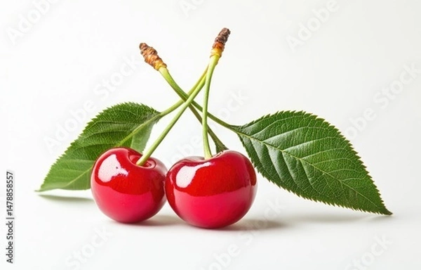 Fototapeta Two ripe cherries with leaves