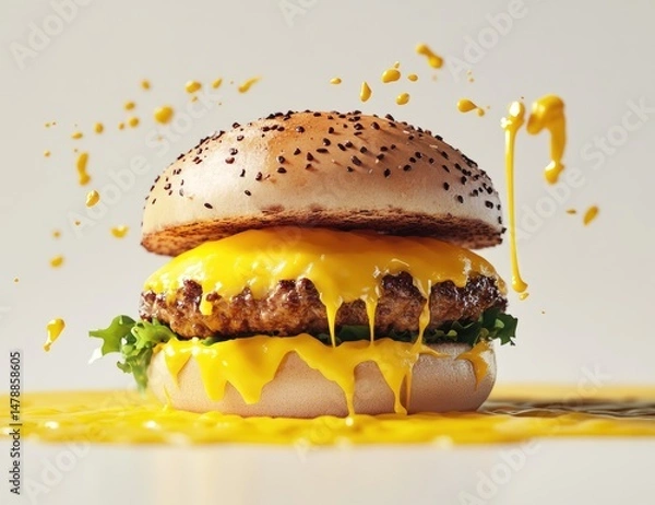 Fototapeta Melted Cheese Burger in a Splash of Yellow Sauce