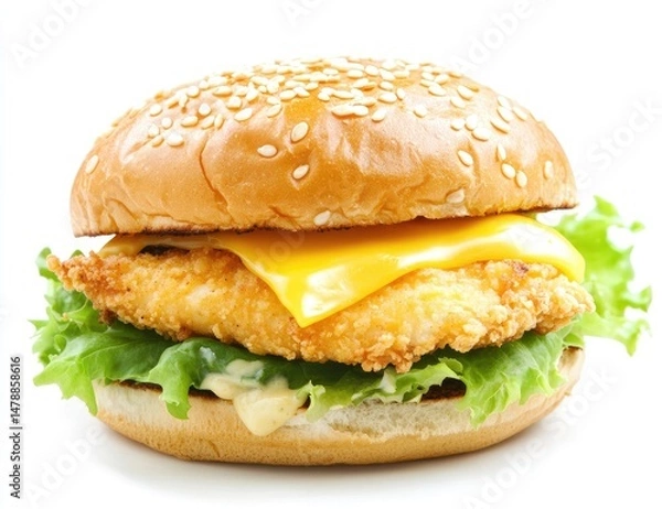 Fototapeta Crispy chicken burger with melted cheese