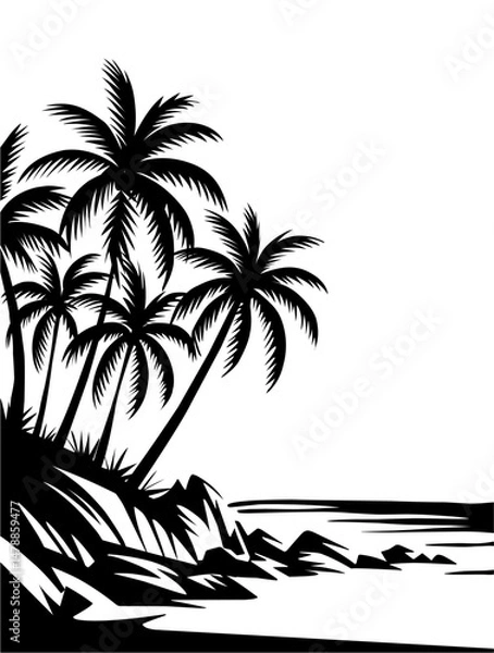 Fototapeta Flat vector illustration of black tropical silhouettes forming a frame with sea, rocky beach, and palm trees. Isolated on transparent background for summer, vacation, and beach design themes