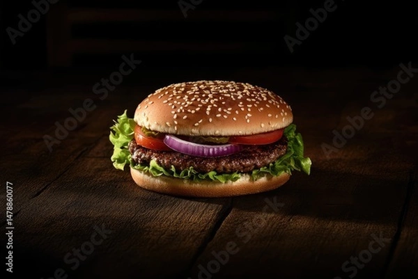 Fototapeta Gourmet burger on a rustic wooden table