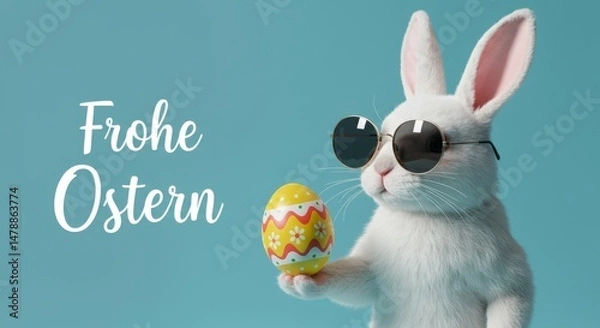 Obraz Whimsical Easter bunny with sunglasses and bow tie celebrates joyfully in pastel confetti shower.