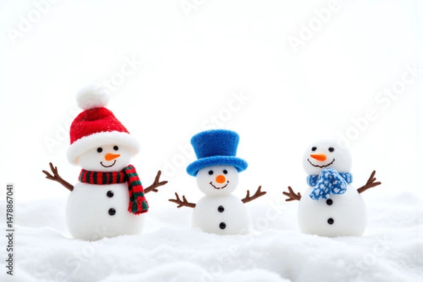 Obraz three snowmen wearing hats and scarfs in the snow