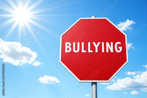Fototapeta red stop sign with a hand on it that says bullying