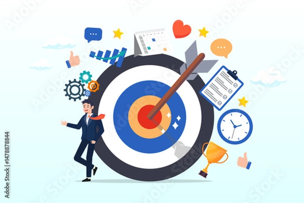 Fototapeta Businessman with target bullseye and goal elements, goals setting, target achievement, focus on success outcome, planning to reach target bullseye, measurable result or clarity motivation concept