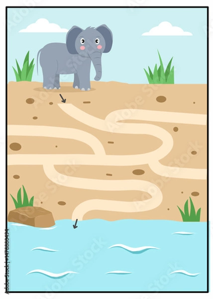 Obraz Help the elephant to find its way through the path, Maze worksheet animals, animals labyrinth activity for kids,maze printable for kindergarten