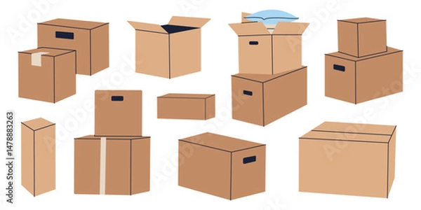 Fototapeta Flat cartoon set of cardboard box icons, open, closed, taped, stacked. Minimalist packaging, delivery and moving vector illustrations for logistics, shipping, warehouse and relocation, colored clipart