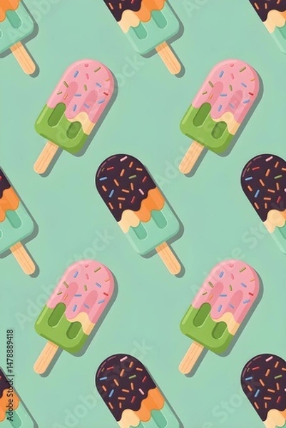 Fototapeta Colorful Popsicles Pattern on Mint Background – Flat Style, High Resolution