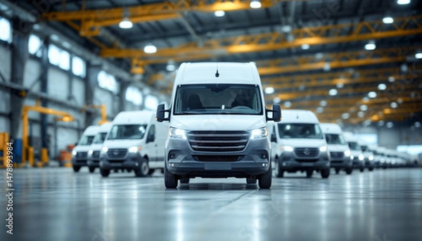 Fototapeta warehouse scene with white delivery vans, clean lines, diffused lighting, and efficiency.