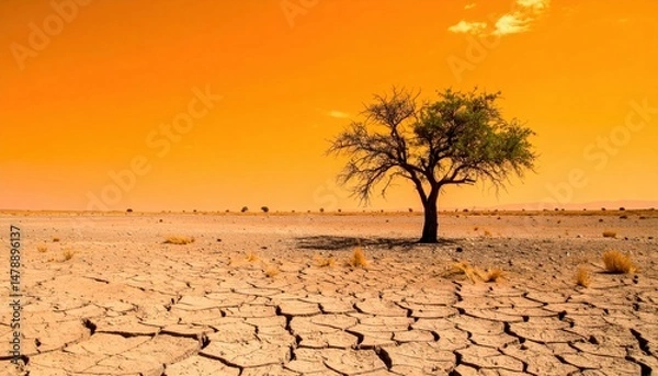 Obraz Barren landscape with a solitary tree under an orange sky.