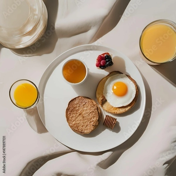 Fototapeta Breakfast, bread and egg, pancake and fruit, delicious