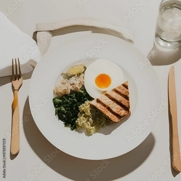 Fototapeta Breakfast, bread and egg, pancake and fruit, delicious