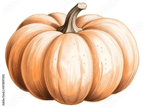 Fototapeta Soft pastel pumpkin drawing illustration with minimalistic lines, suitable for modern Thanksgiving cards, fall decor, cozy seasonal branding, and artistic packaging requiring warm visuals.