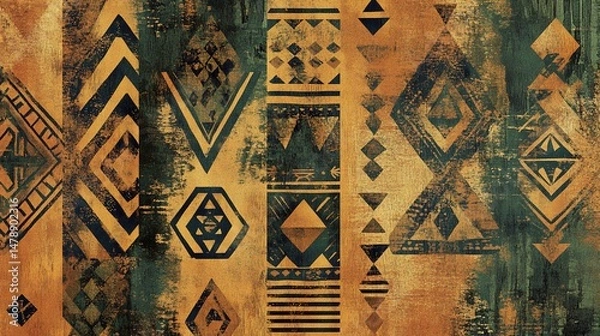 Fototapeta Intricate tribal patterns, aged and textured