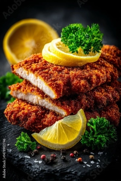 Obraz Wiener Schnitzel with Lemon Slice: A thin, breaded veal cutlet fried to golden perfection, garnished with lemon and parsley. served on slate surface.