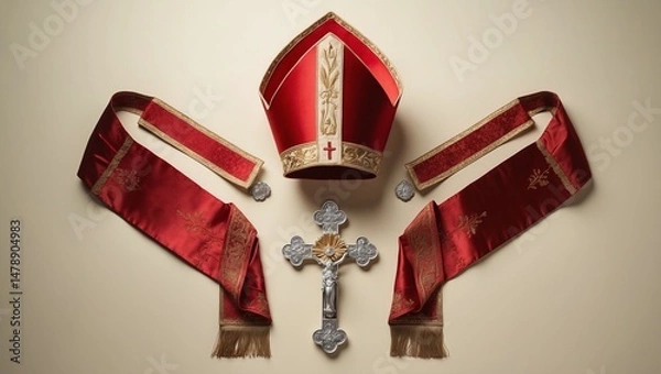 Obraz Ornate religious ceremonial items arranged on a light background.