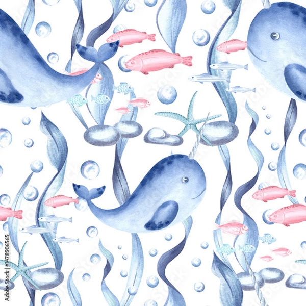 Fototapeta Narwhal and flock fish swimming among the seaweed and water bubbles. Cute sea characters watercolor illustration for baby design. Hand drawn undersea fauna isolated. Marine template in sketch style.