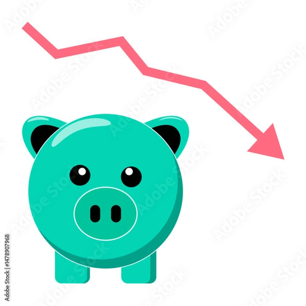 Obraz Illustration of a green piggy bank with a red arrow pointing down on a white background, symbolizing financial crisis, loss of savings, or economic downturn.