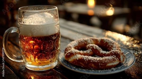 Obraz German Pretzel with Beer: A large, salty pretzel with a glossy brown crust, served next to a frothy glass of beer on a wooden table.