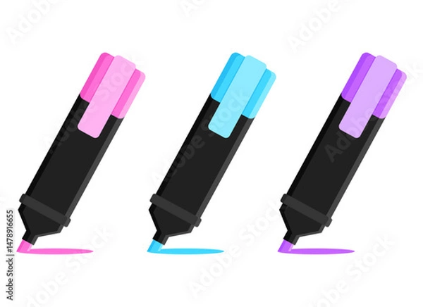 Obraz Set of cute markers pen highlighter colored cartoon stationary illustration 