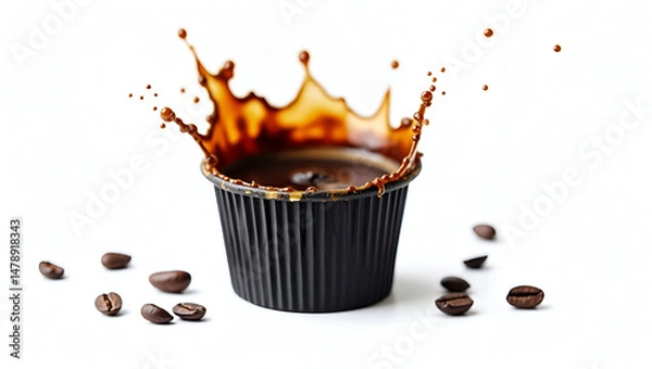 Fototapeta A Rustic Textured Black Paper Coffee Cup Partially Filled with Steaming Coffee Placed on a Natural Wooden Surface