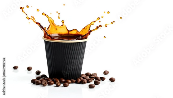 Fototapeta A Rustic Textured Black Paper Coffee Cup Partially Filled with Steaming Coffee Placed on a Natural Wooden Surface