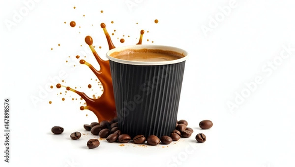 Fototapeta A Rustic Textured Black Paper Coffee Cup Partially Filled with Steaming Coffee Placed on a Natural Wooden Surface