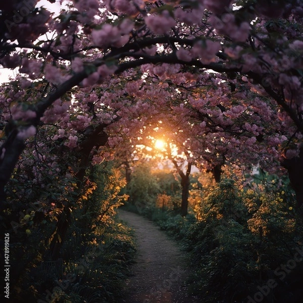 Fototapeta Path through blooming trees at sunset