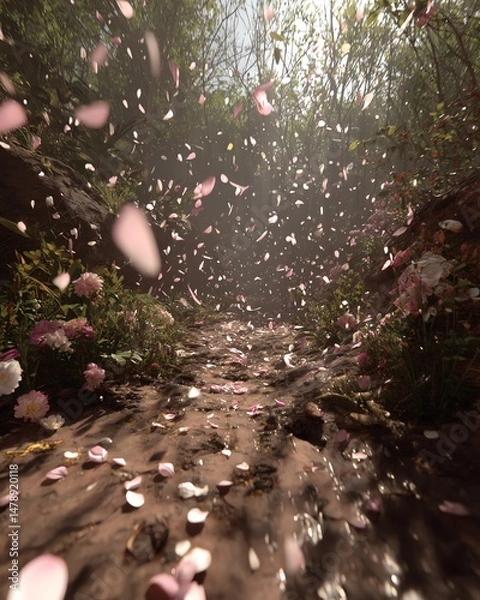 Fototapeta Path through forest with falling flower petals